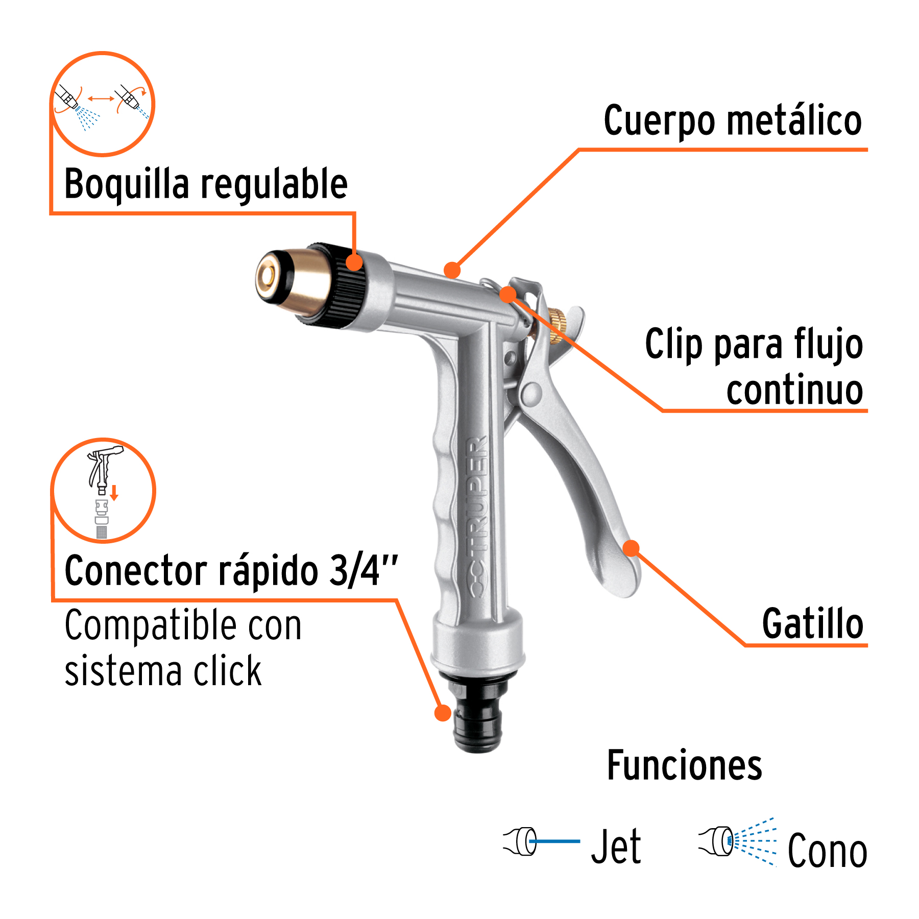 Pistola metálica para riego, 2 funciones, boquilla regulable - Imagen 2