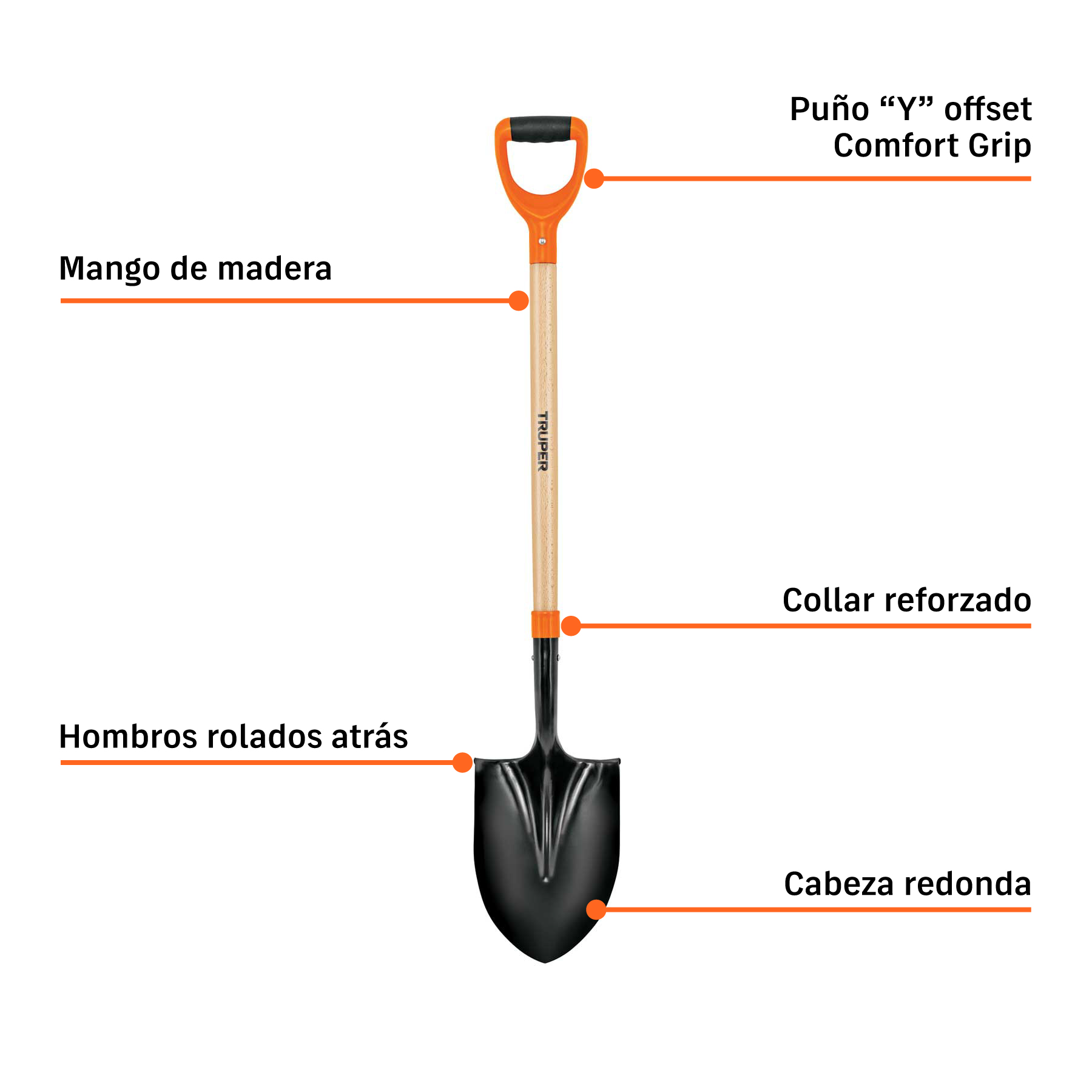 Pala redonda T-2000, puño "Y", mango 36", TRUPER - Imagen 2