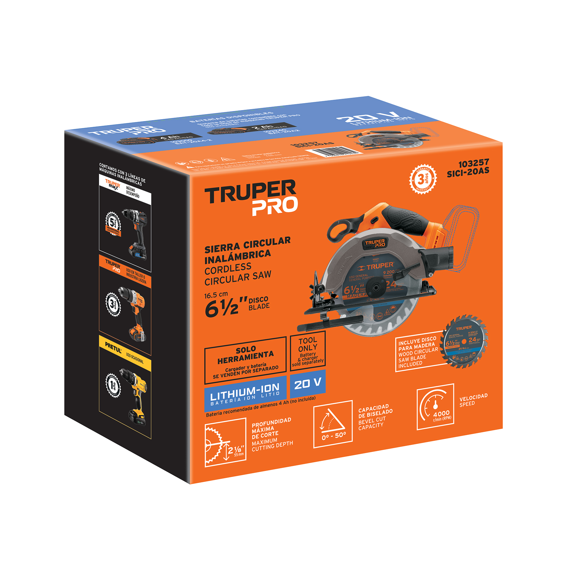 Sierra circular 6-1/2', 20V, sin accesorios, TRUPER PRO - Imagen 4