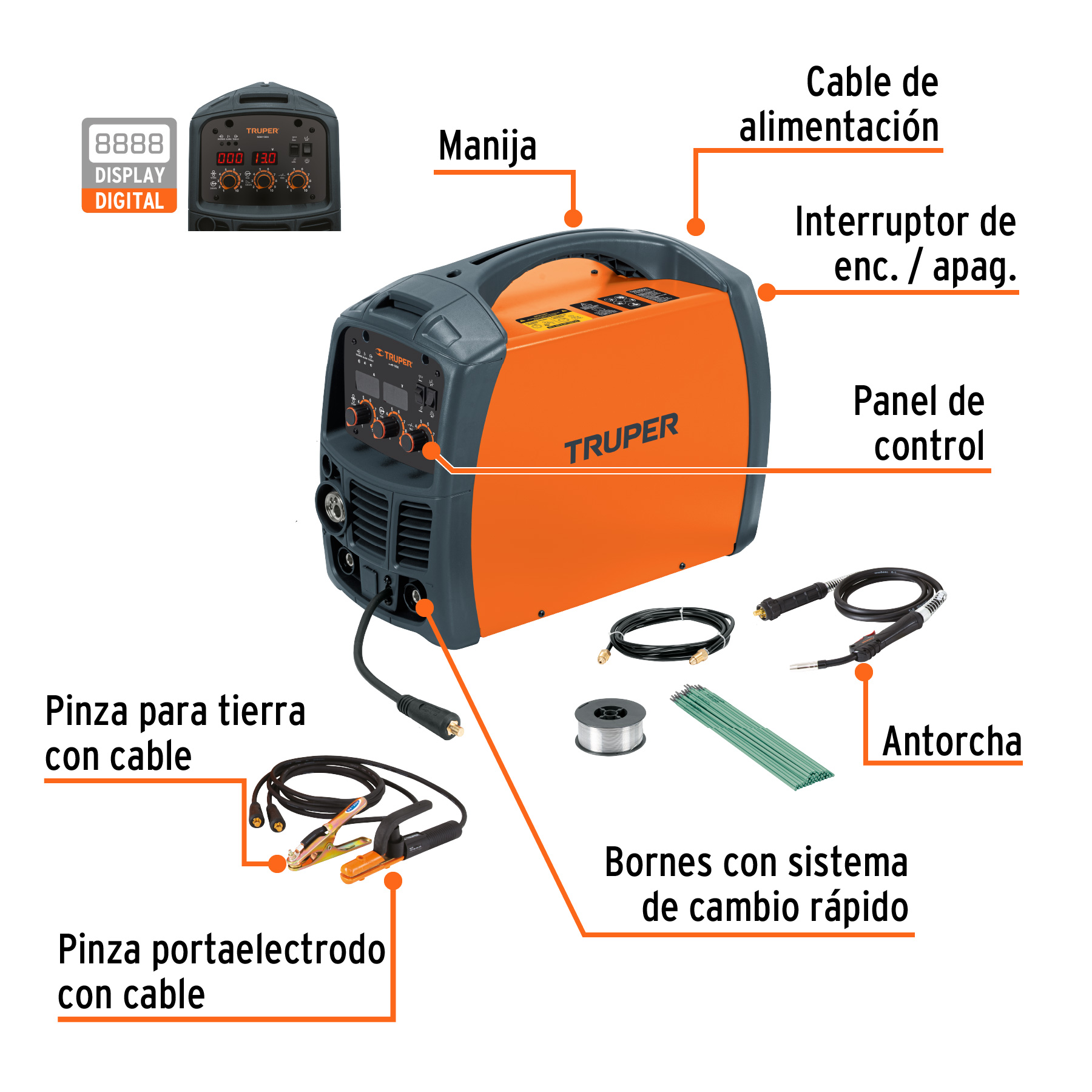 Soldadora para microalambre y electrodo, 130A, TRUPER - Imagen 3