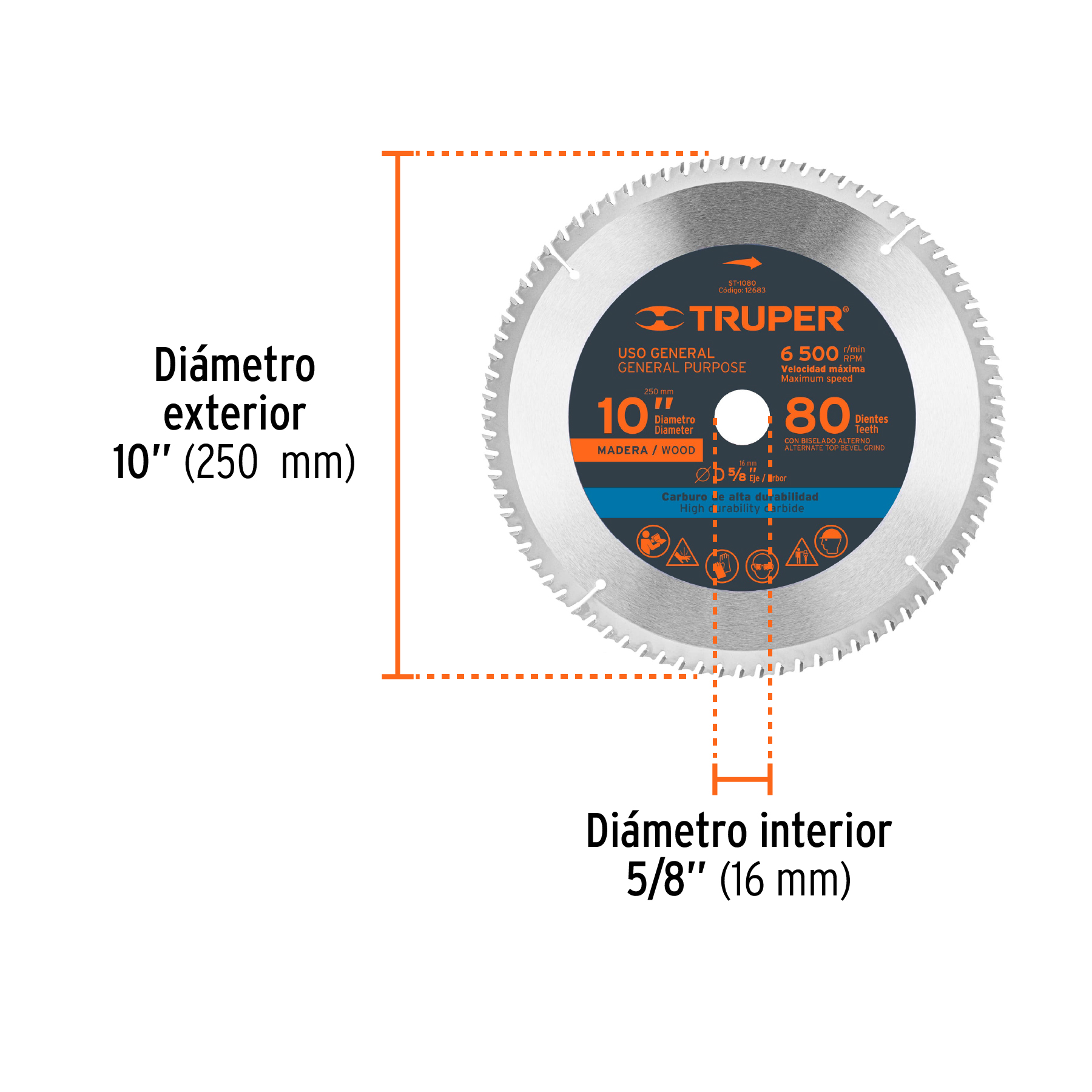 Disco sierra 10' para madera, 80 dientes centro 5/8', TRUPER - Imagen 3