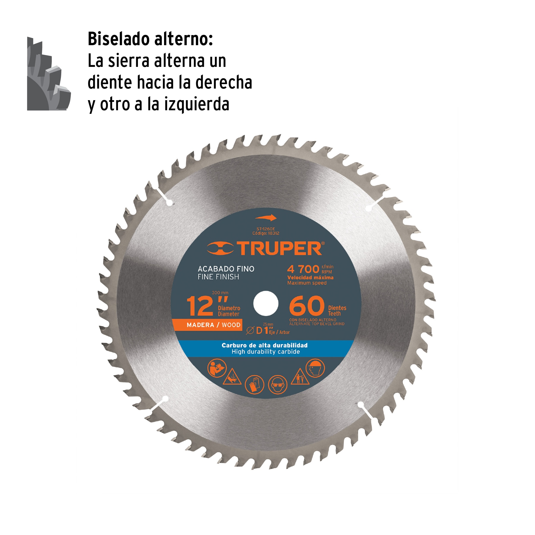 Disco sierra 12' para madera, 60 dientes centro 1', TRUPER - Imagen 2
