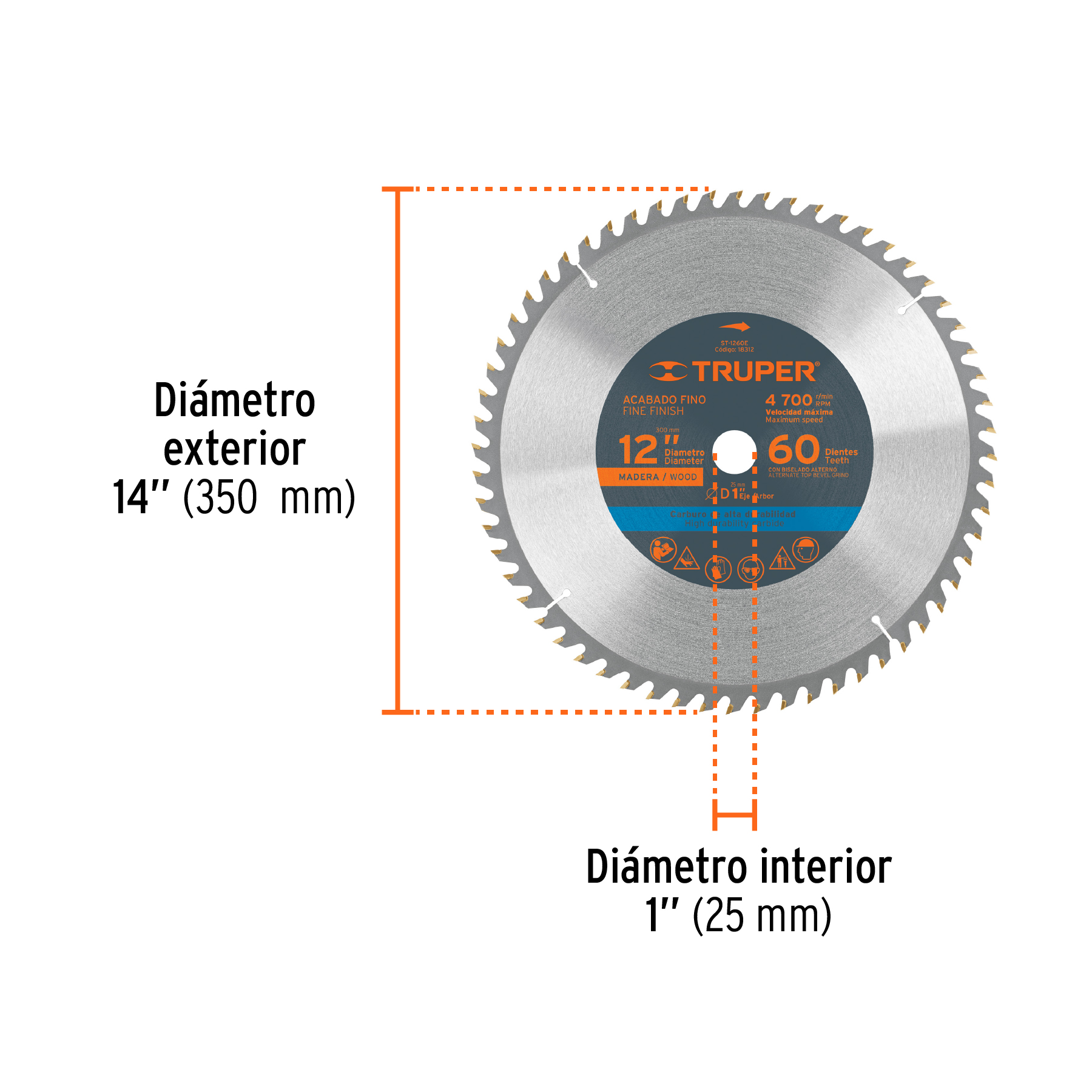 Disco sierra 12' para madera, 60 dientes centro 1', TRUPER - Imagen 3