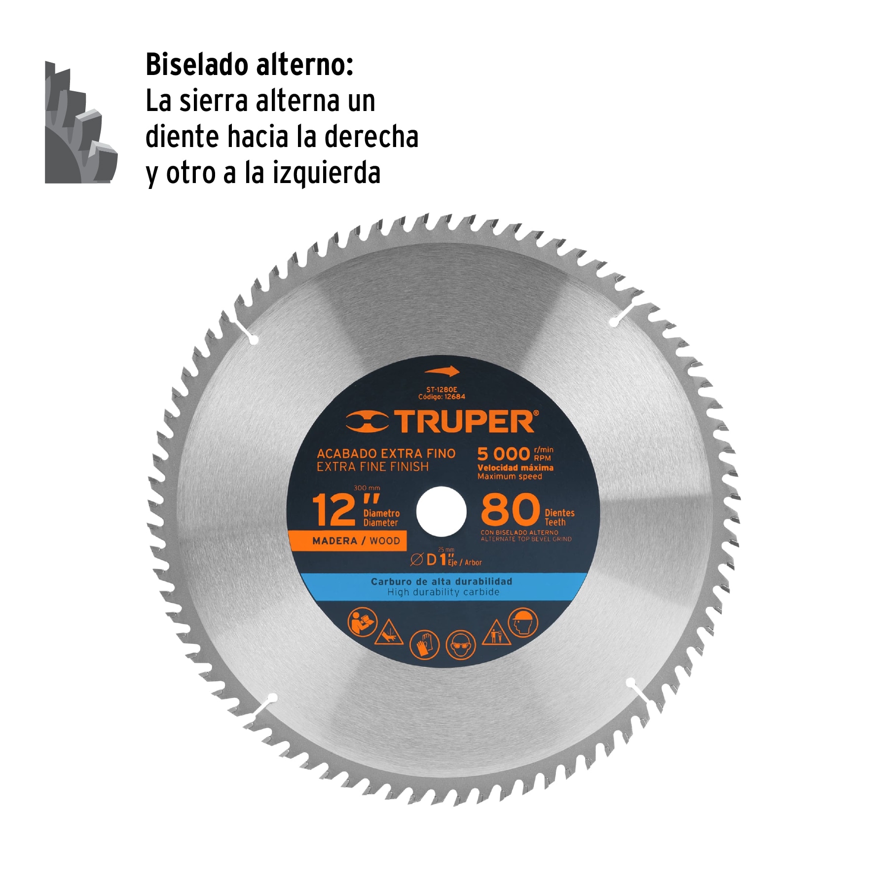 Disco sierra 12' para madera, 80 dientes centro 1', TRUPER - Imagen 2