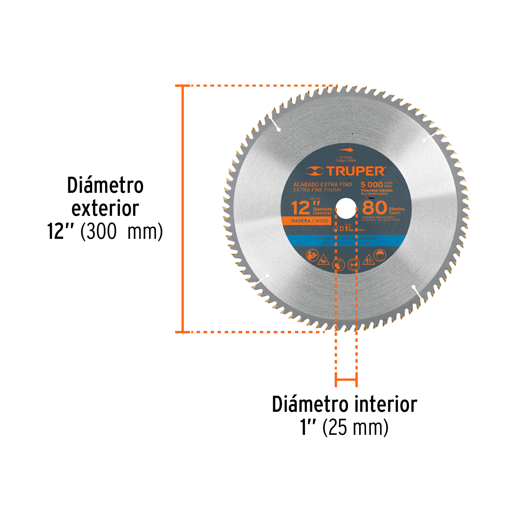 Disco sierra 12' para madera, 80 dientes centro 1', TRUPER - Imagen 3
