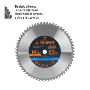 Alternative view of Disco sierra 14' para madera, 60 dientes centro 1', TRUPER