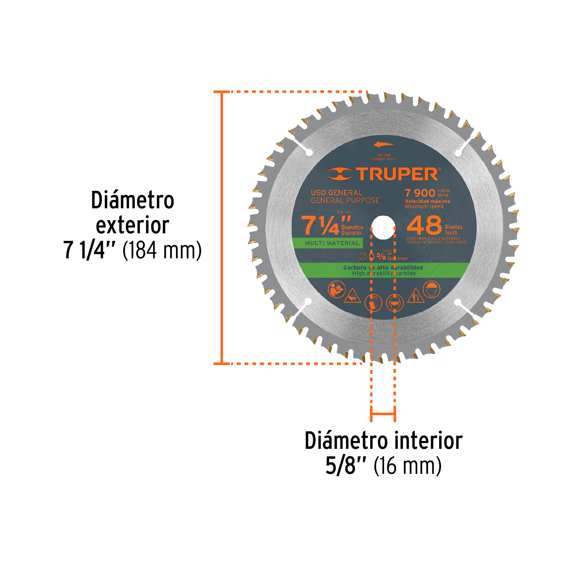 Disco sierra 7-1/4' multimaterial, 60 dientes centro 5/8' - Imagen 2