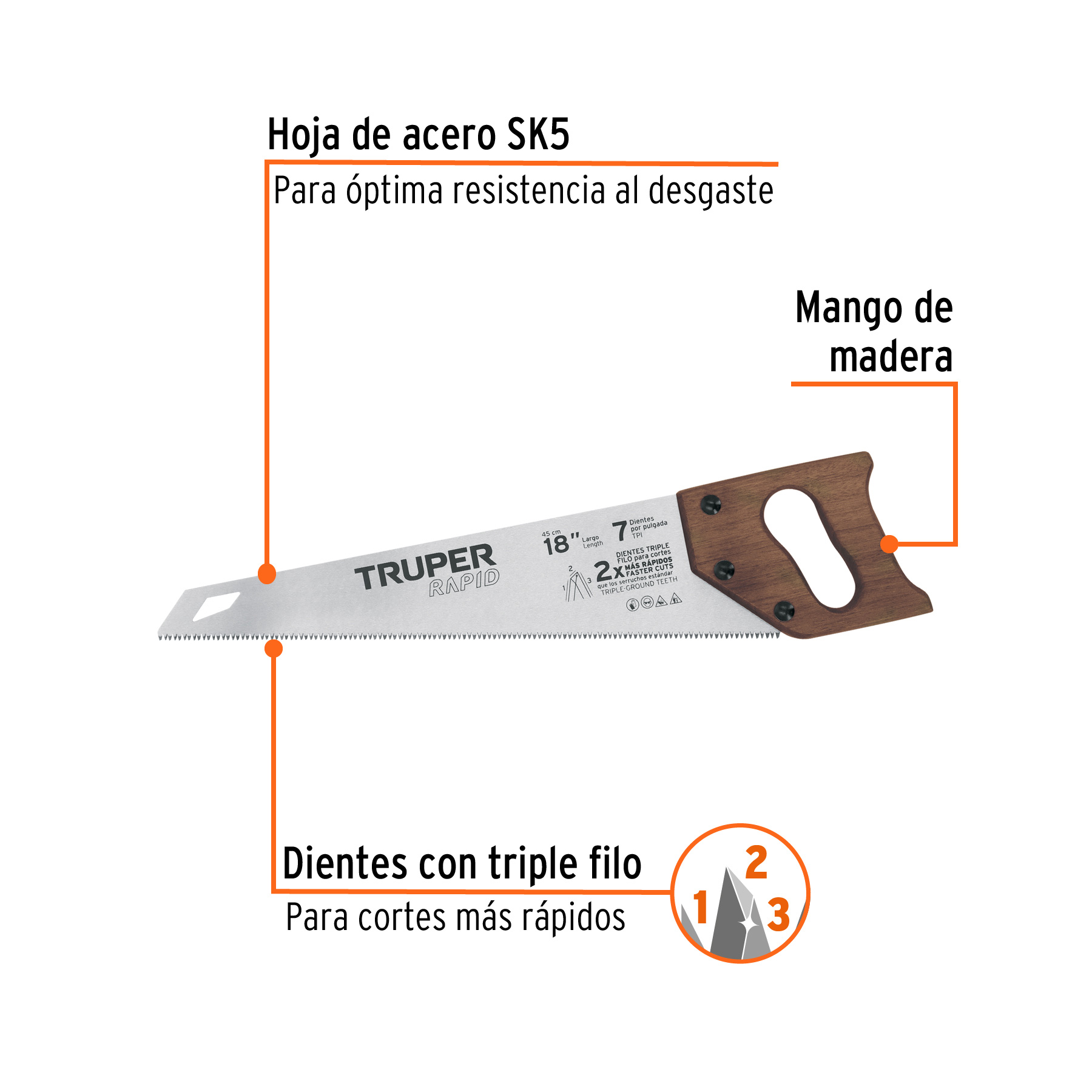 Serrucho Rapid 18', 7 DPP, mango de madera, TRUPER - Imagen 2