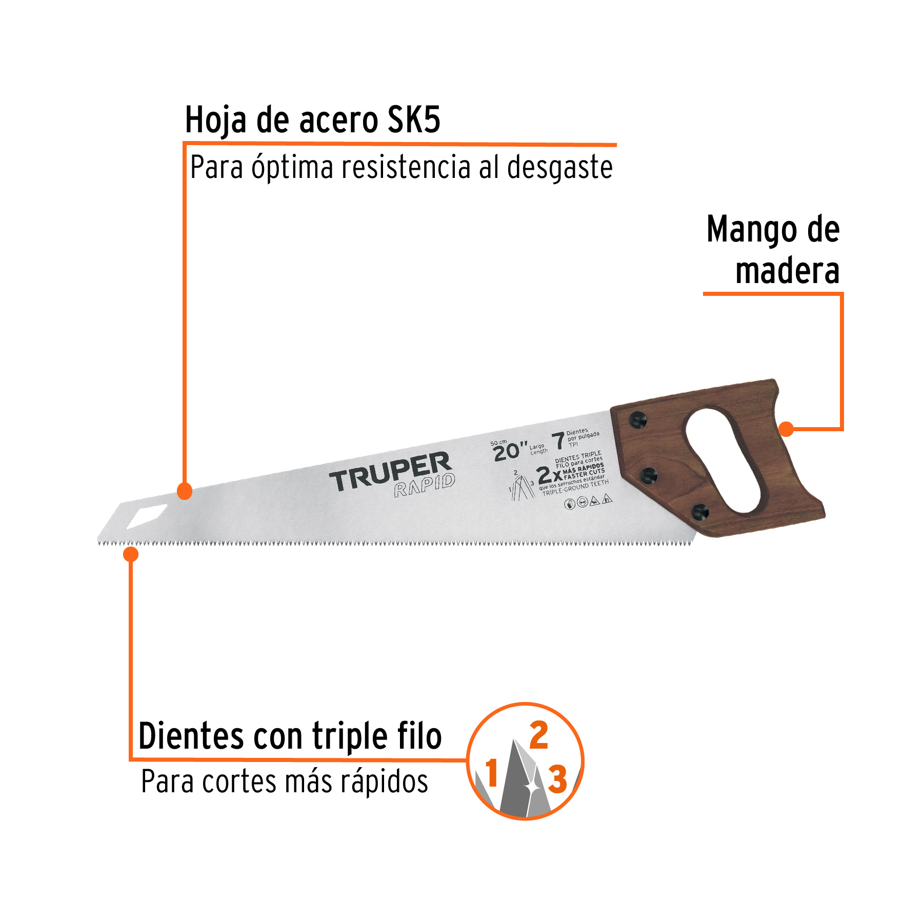 Serrucho Rapid 20', 7 DPP, mango de madera, TRUPER - Imagen 2