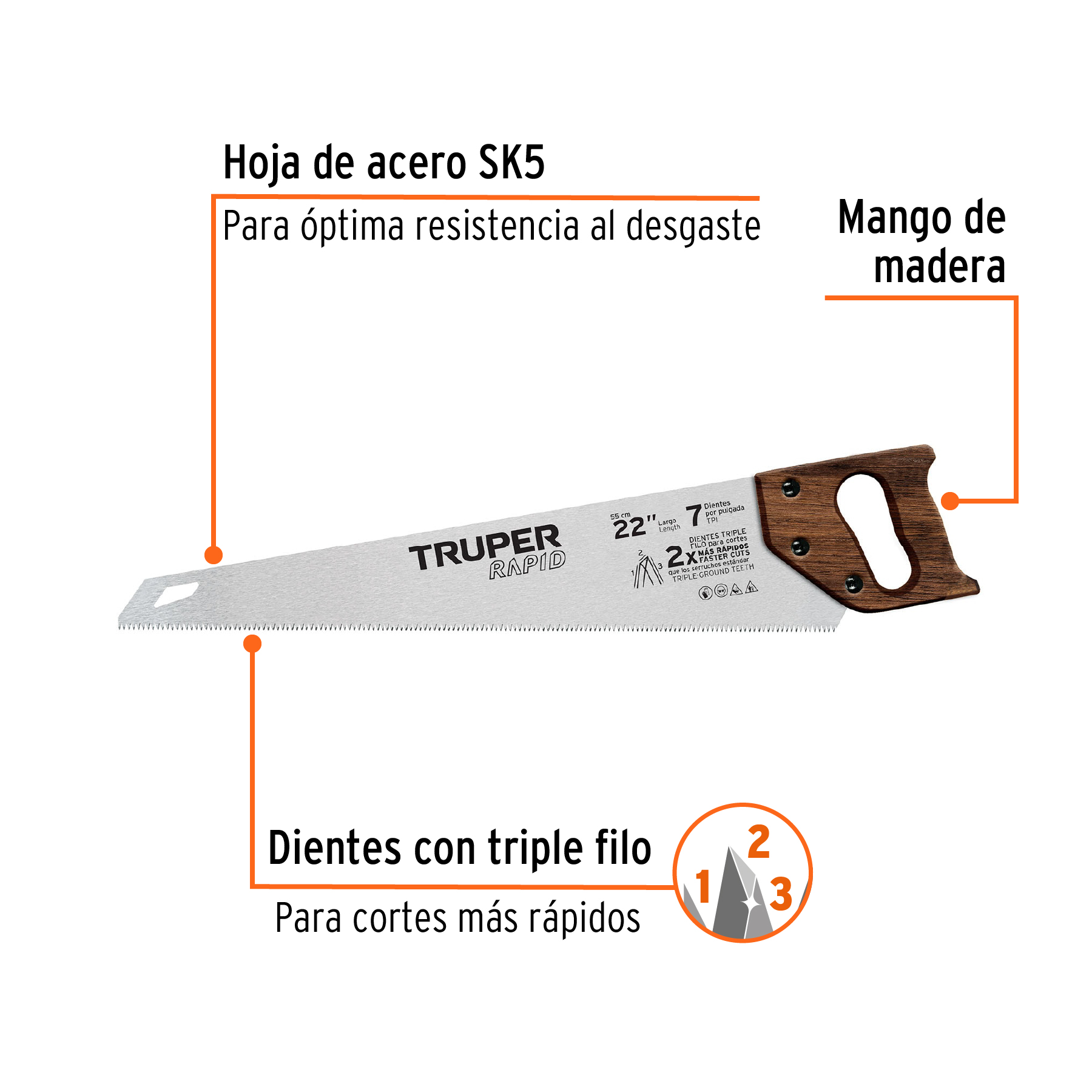 Serrucho Rapid 22', 7 DPP, mango de madera, TRUPER - Imagen 2