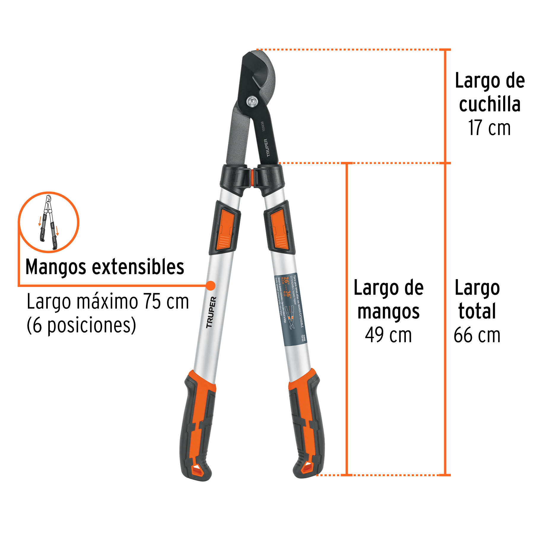 Tijera para ramas altas, mangos extensibles, TRUPER - Imagen 3