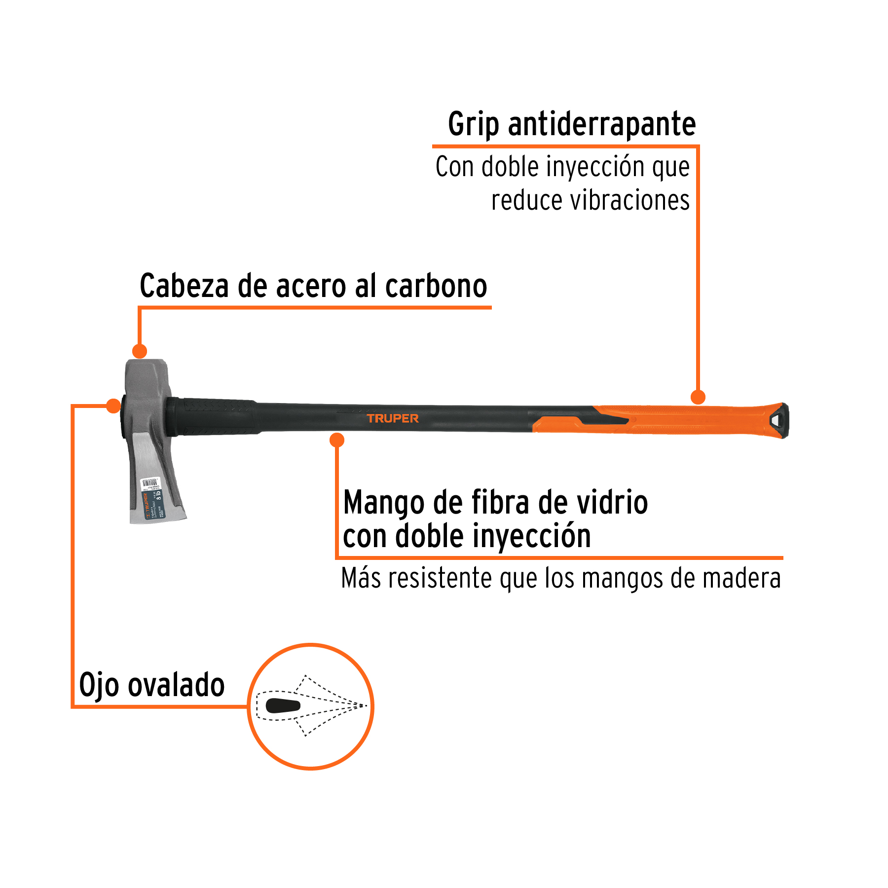 Hacha para rajar madera 8 lbs, mango fibra de vidrio 36' - Imagen 2