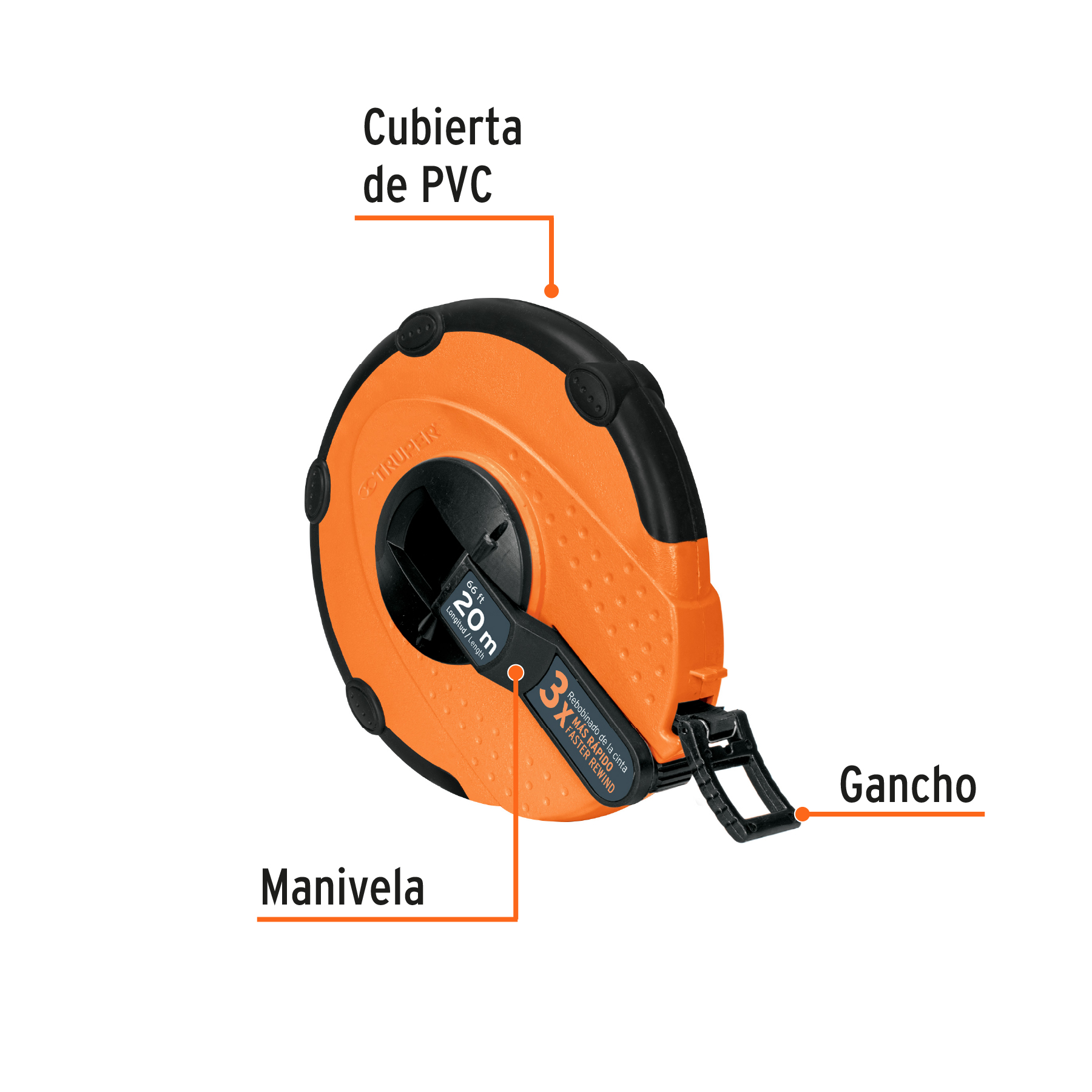 Cinta métrica larga 20m fibra de vidrio, carcasa plástica - Imagen 3