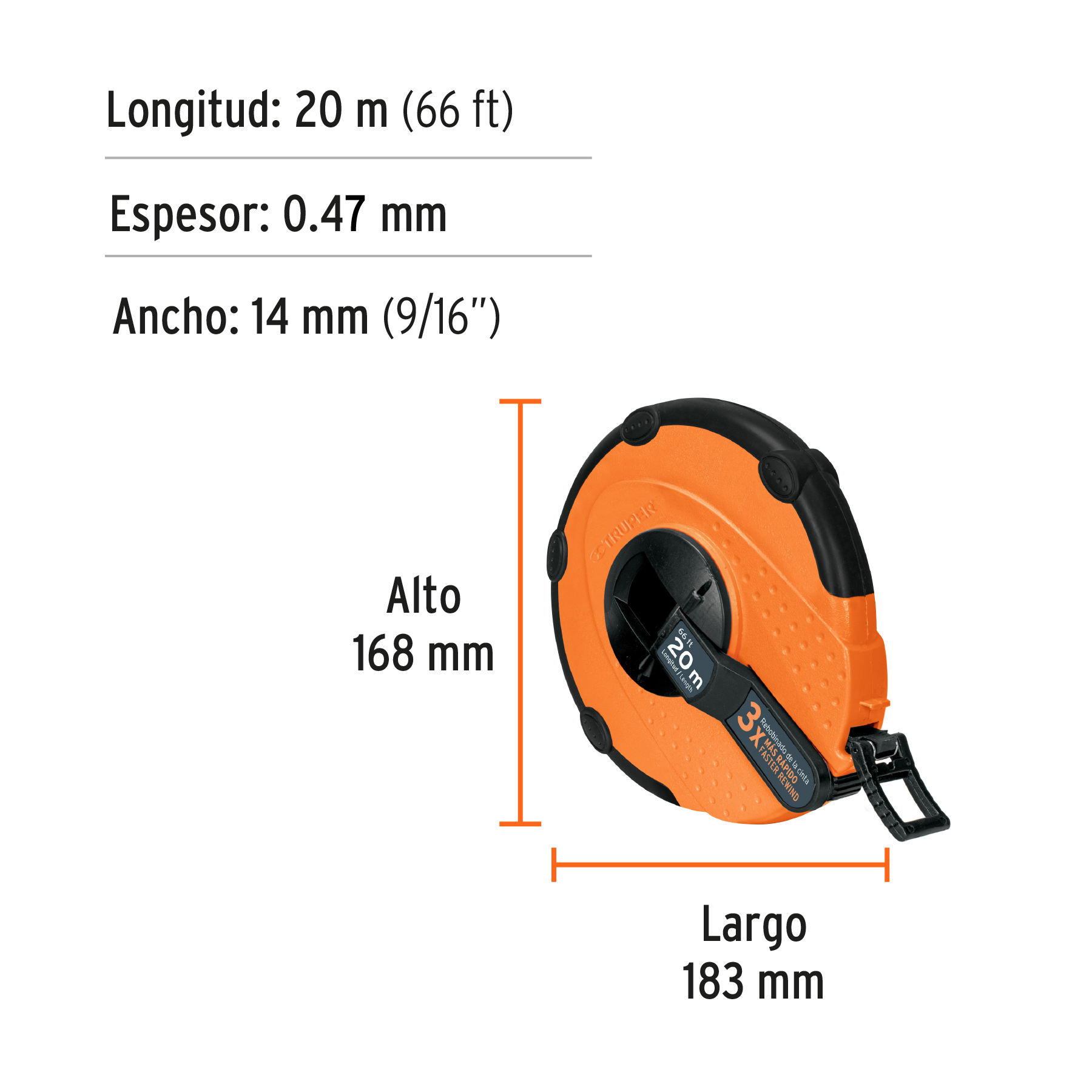 Cinta métrica larga 20m fibra de vidrio, carcasa plástica - Imagen 4